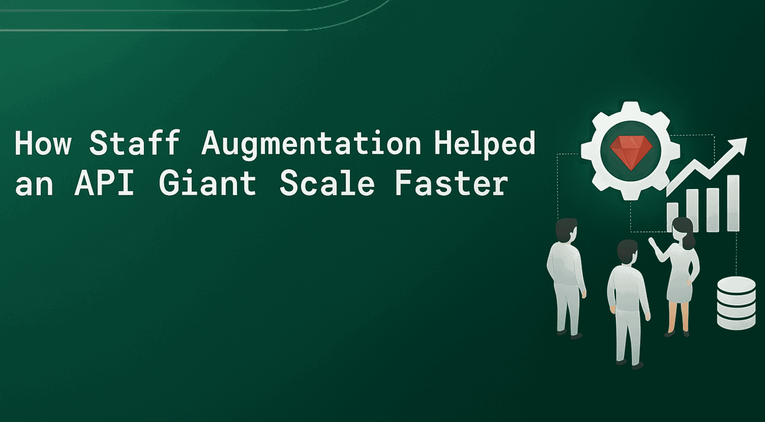 Illustration of team discussion with ruby gem and upward arrow in background.