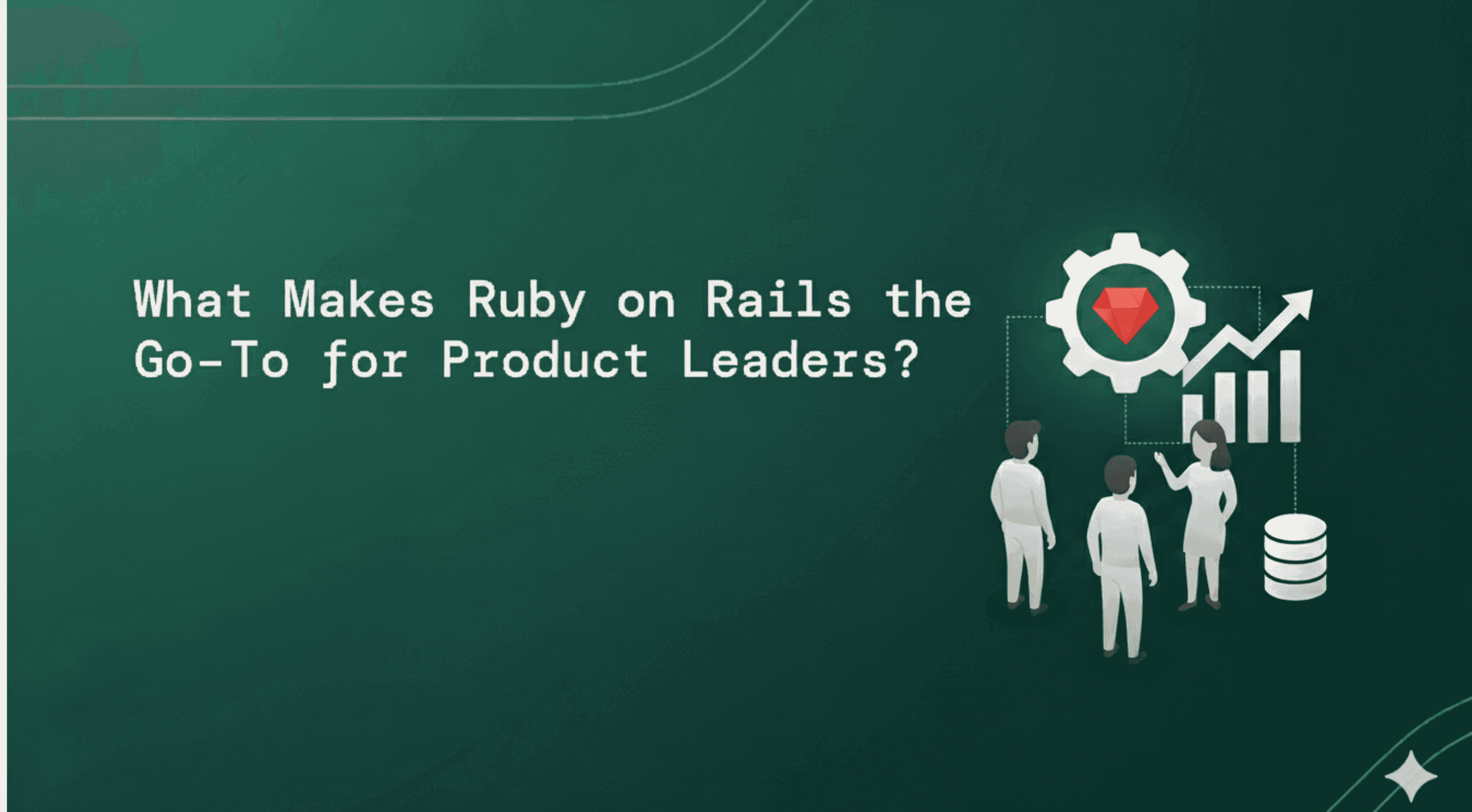 Illustration of  product team discussion with Ruby  icon in the background